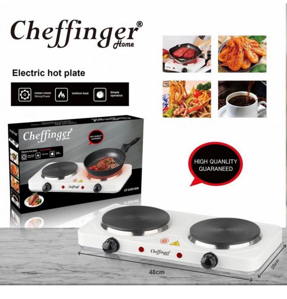 Cheffinger CF-EHD1000 Dubbele Elektrische Kookplaat – 1000W, Elektronische apparatuur, Kookplaten, Nieuw, Vrijstaand, Elektrisch
