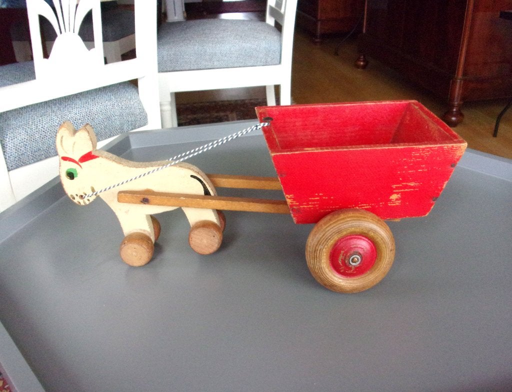 Antiek handgemaakt houten speelgoed: paard met wagen, Antiek en Kunst, Ophalen of Verzenden