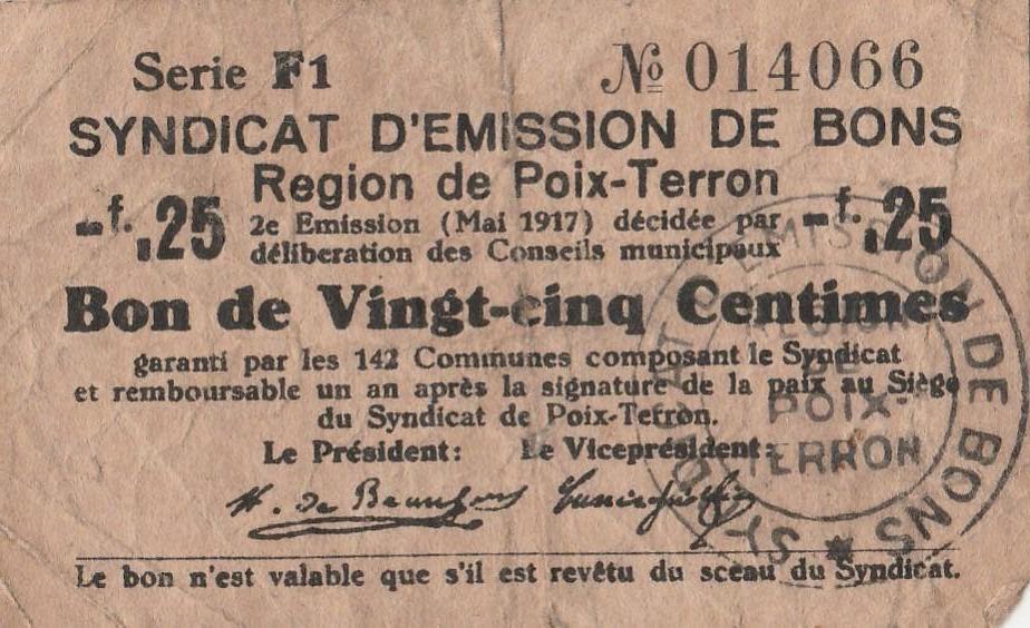 bon 25 cents 05.1917 region de poix terron france, Ophalen, Frankrijk, Los biljet