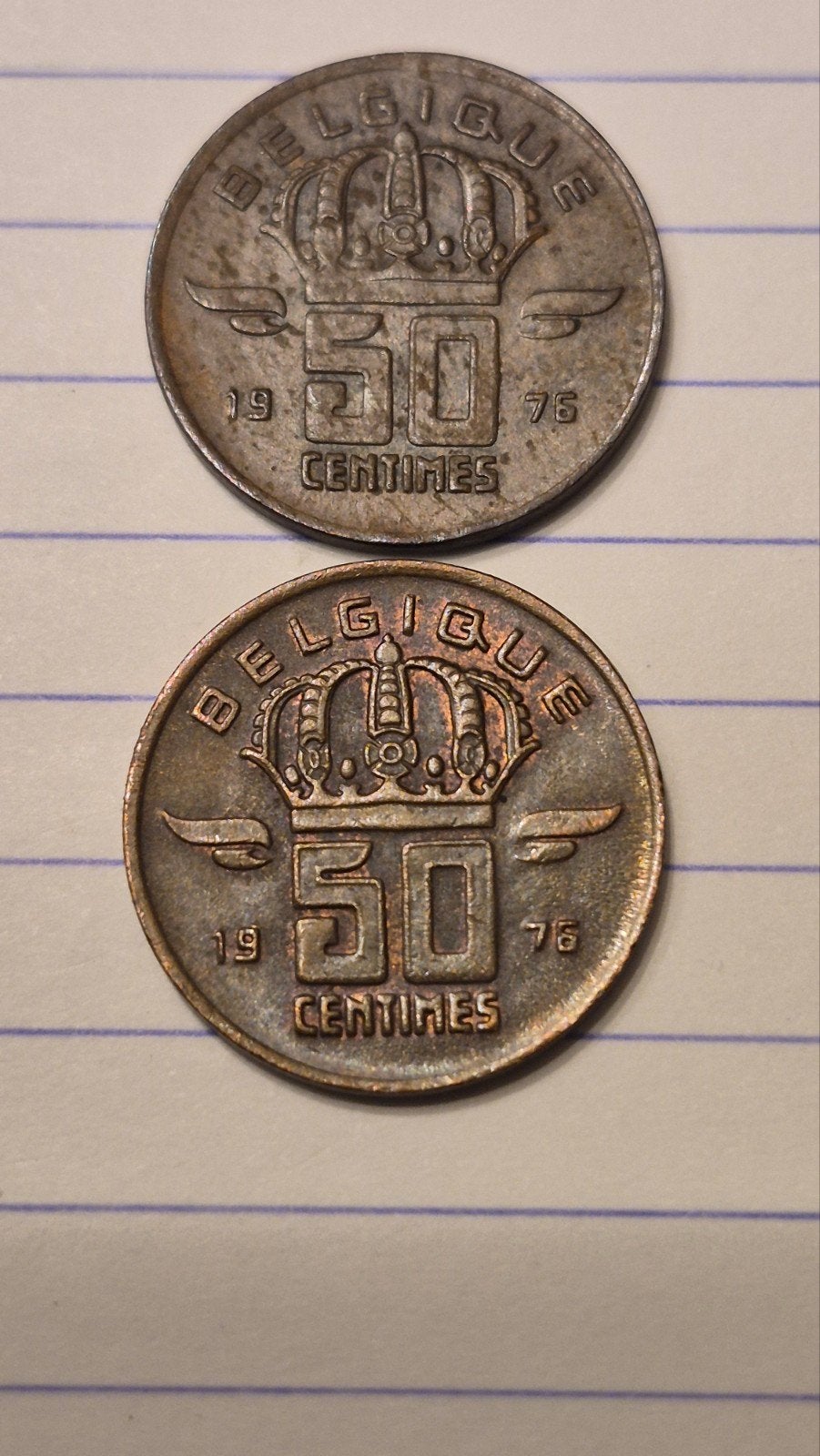 50 centiem 1 met kleine en 1 met grote 7  Frans 1976, Postzegels en Munten, Munten | België, Ophalen of Verzenden, Brons, Setje