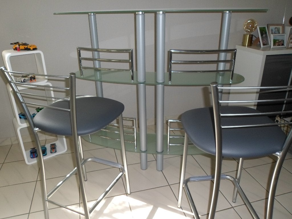 Barmeubel in glas met barkrukken, Ophalen, Zo goed als nieuw