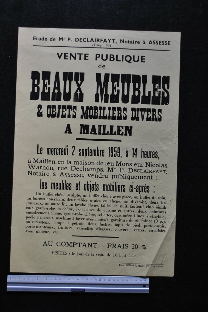 AFFICHE 1959 VENTE PUBLIQUE DE BEAUX MEUBLES A MAILLEN RARE, Enlèvement ou Envoi, Utilisé
