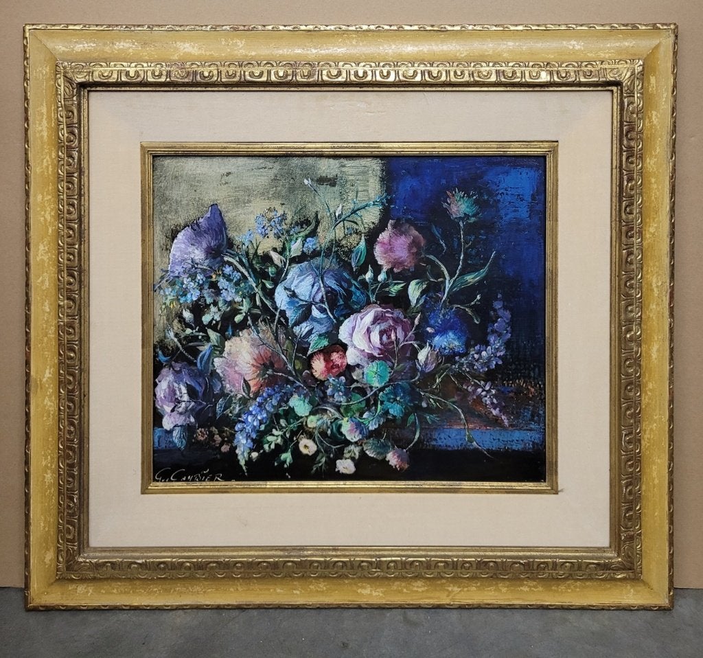 Guy CAMBIER, fleurs dans les bleus, Paneel, Gesigneerd, Olieverf, Ophalen