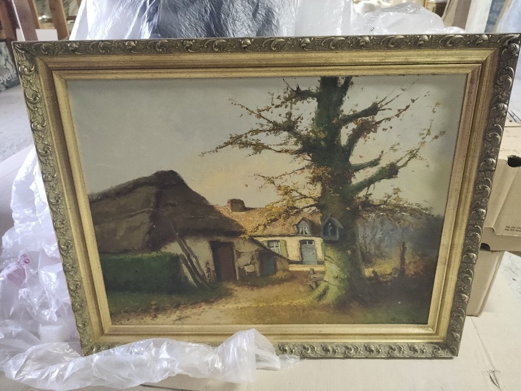 Schilderij Albert Demoen – landschap met hoeve – olieverf, Antiquités & Art, Peinture à l'huile, Paysage, Enlèvement, Encadré