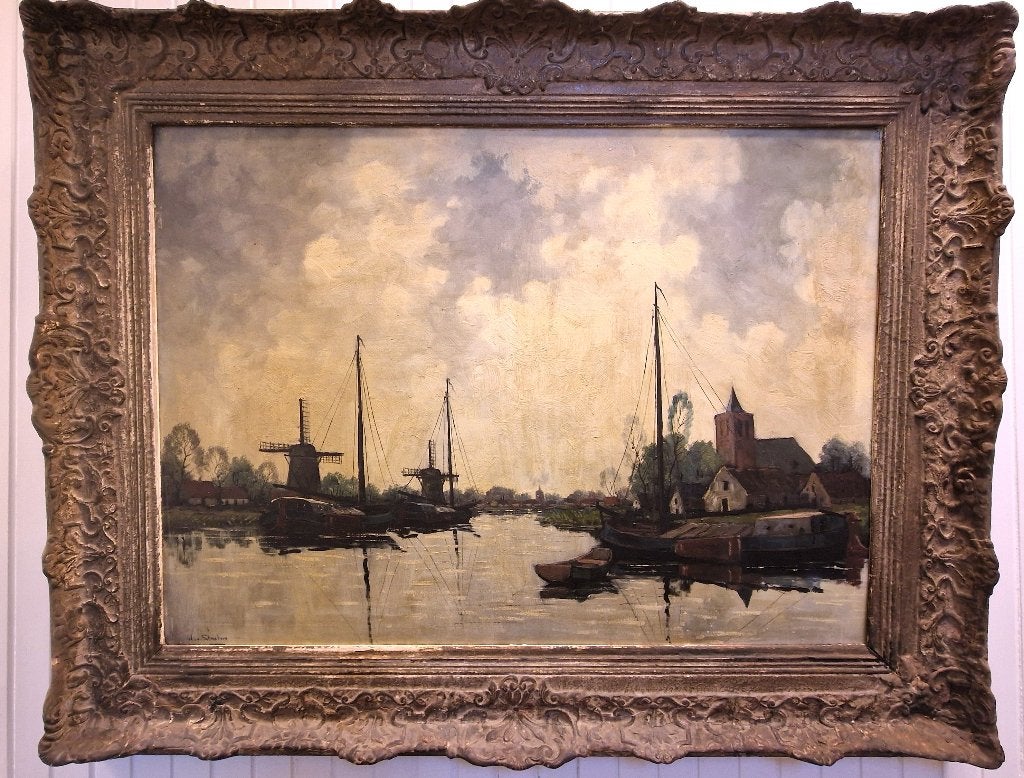 Dorp aan de rivier 110 jaar en GROOT !!!, Antiquités & Art, Panneau, Enlèvement, Paysage urbain / rural, Signé