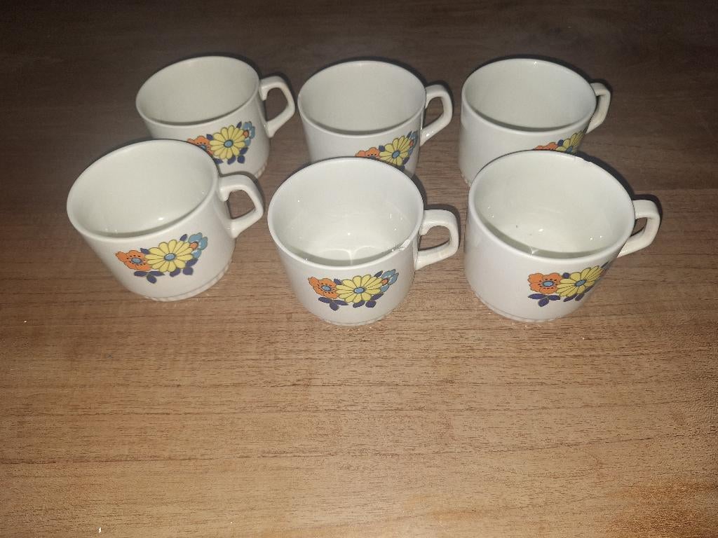 Lot de 6 tasses décor floral, Maison & Meubles, Vintage, Utilisé, Pierre/céramique, Enlèvement