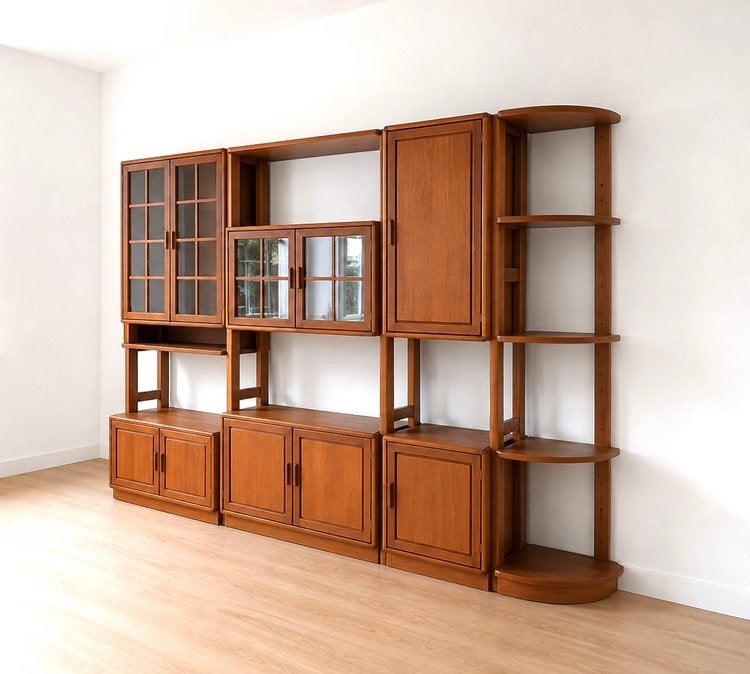 Deens vintage wandmeubel van Dyrlund. Modulair systeem., Ophalen, 250 tot 300 cm, Met deur(en), 200 cm of meer