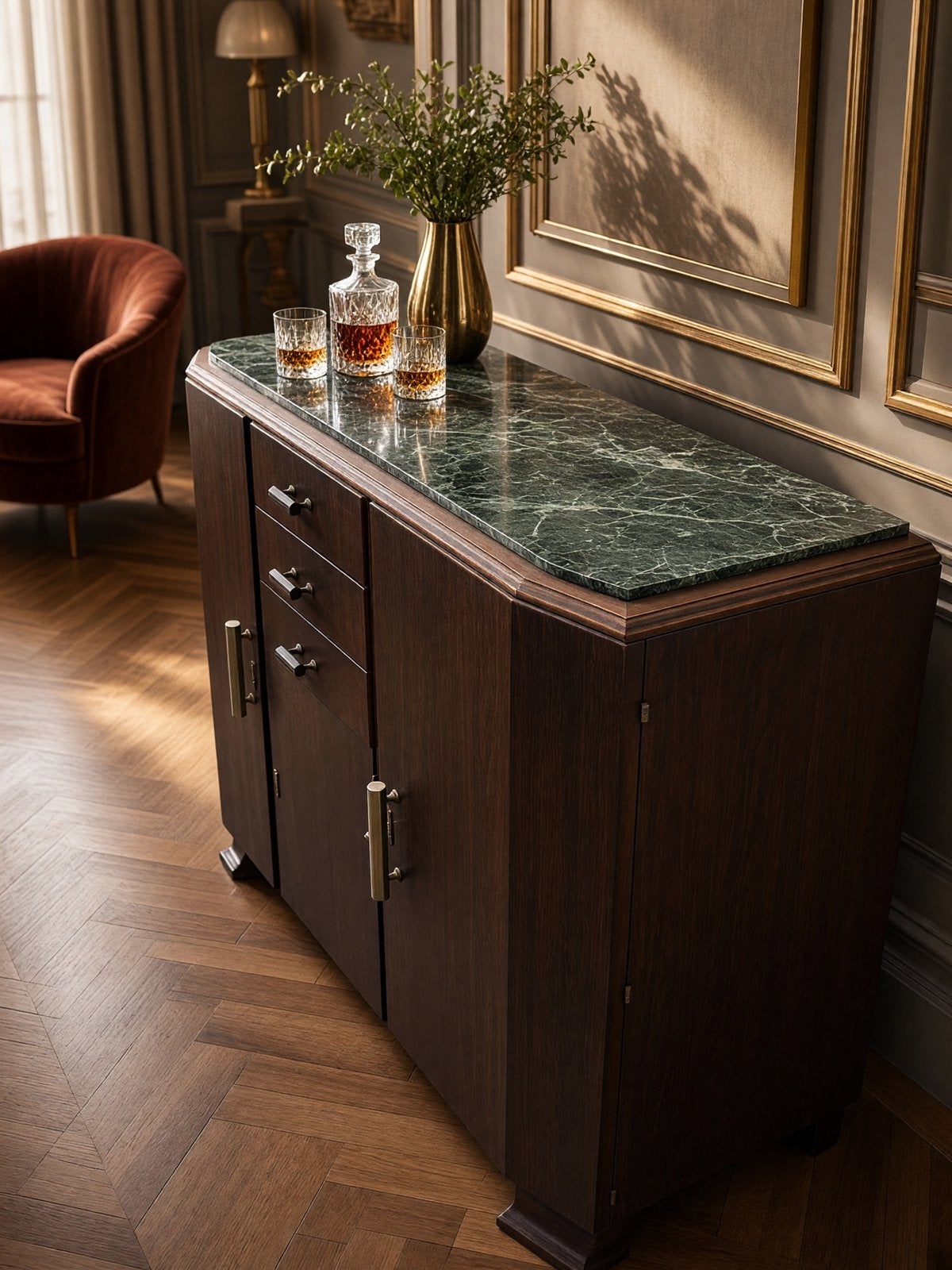 Vintage houten artdeco kast/dressoir groen marmeren blad, Kinderen en Baby's, Ophalen of Verzenden, Gebruikt, Commode