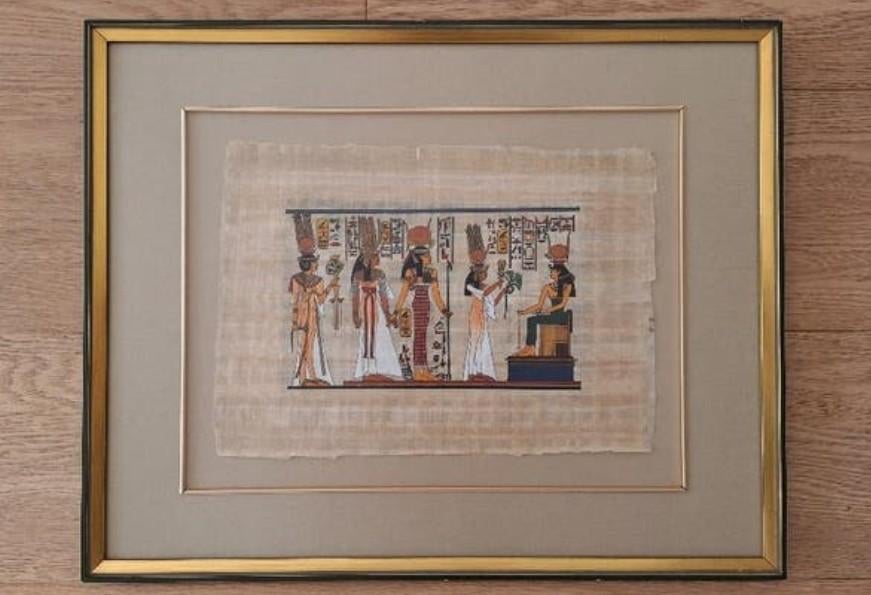 Egyptische papyrus tekening ingelijst, Ophalen, Gebruikt, Ingelijst