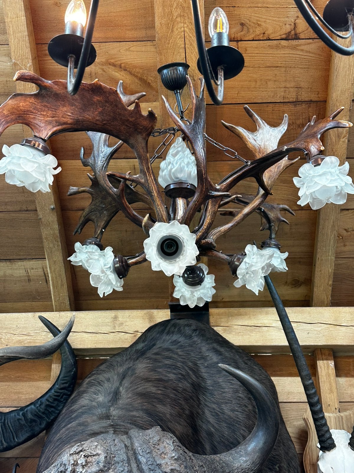 Gewei luster groot met glazen bloemen, Antiek en Kunst, Ophalen