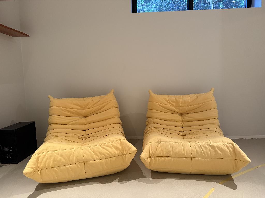 Togo twee eenzit sofa's in geel (Lignet Roset), Enlèvement ou Envoi, Utilisé, Une personne, Tissus