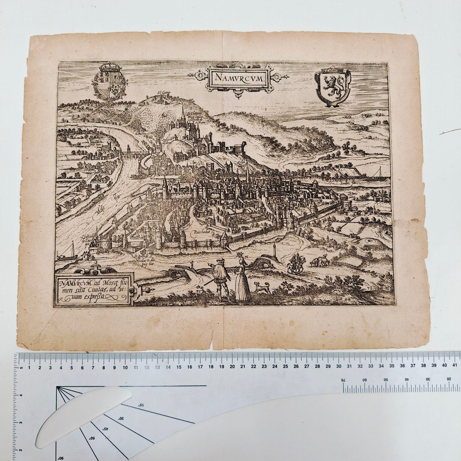 Antieke kopergravure Namen / Namur, Braun en Hogenberg, 16e, Antiek en Kunst, Kunst | Etsen en Gravures, Ophalen of Verzenden