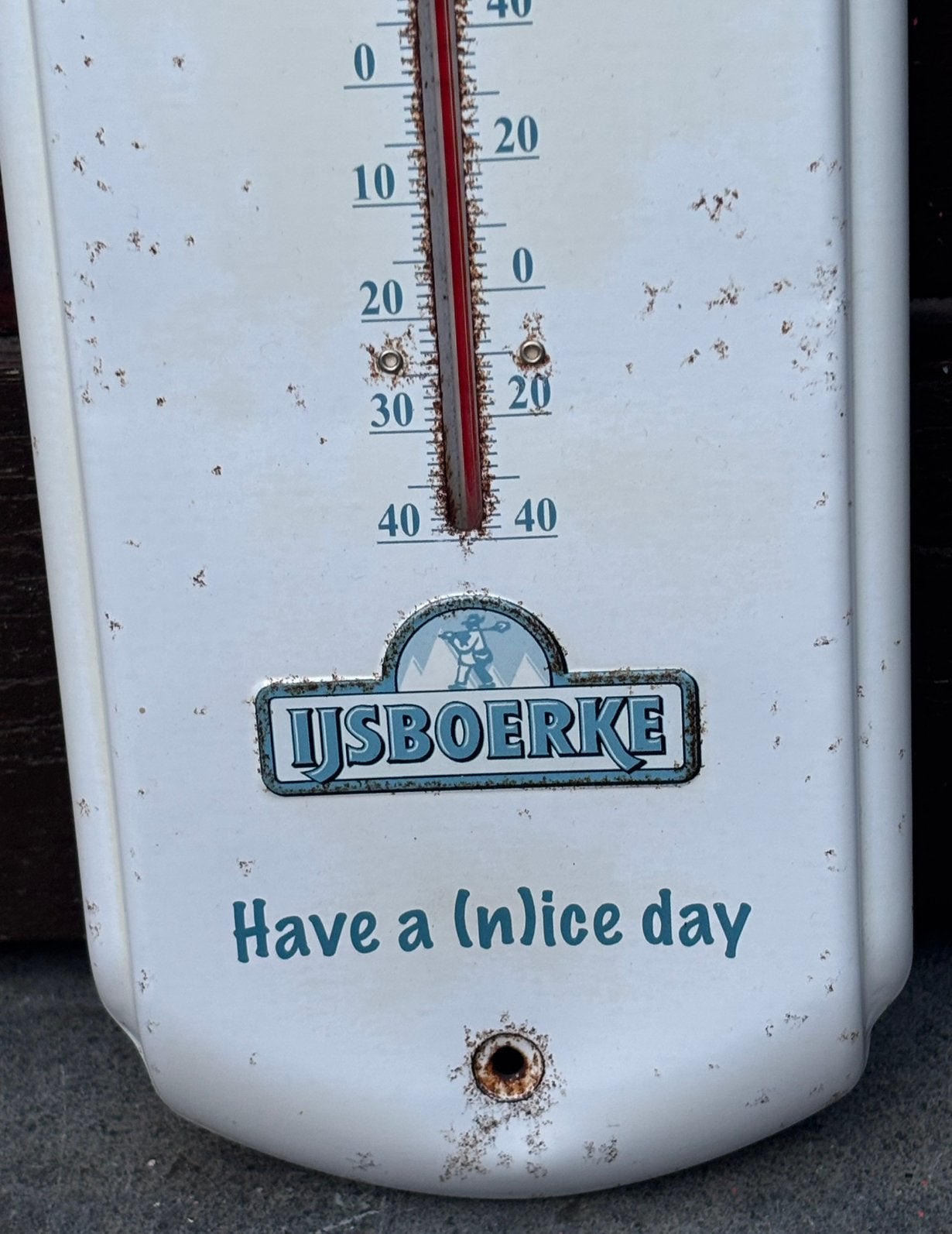 Vintage Ijsboerke thermometer, Buitenthermometer, Gebruikt, Metaal, Ophalen of Verzenden