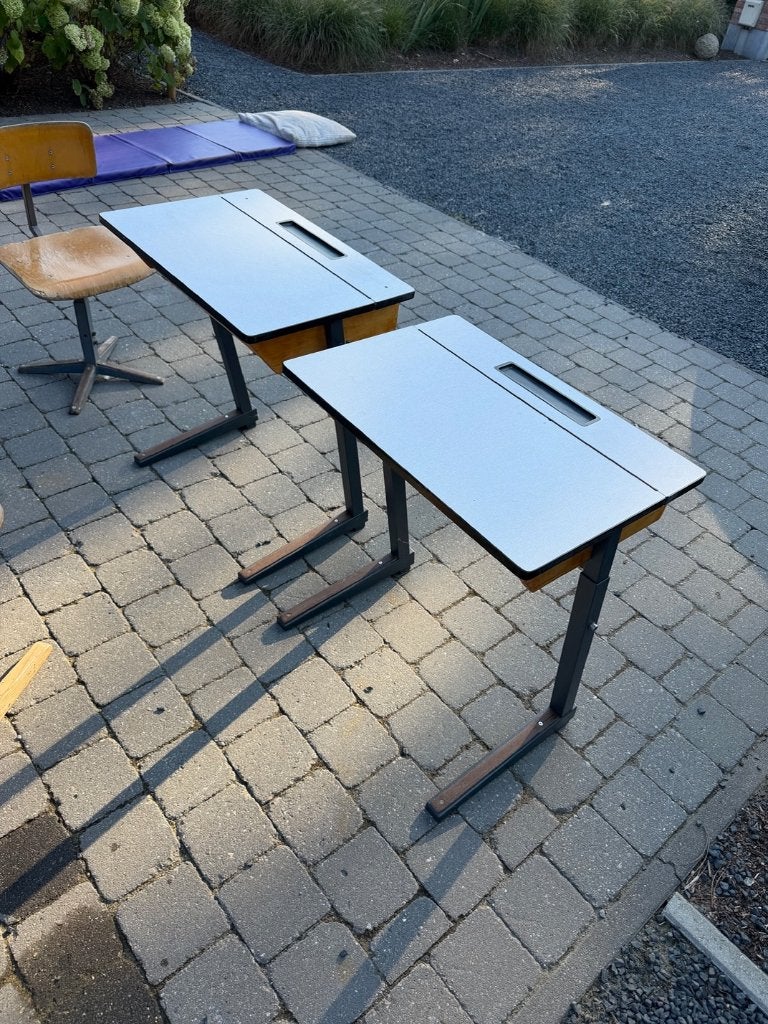 Twee vintage school lessenaars + stoeltjes, Bureau d'écolier, Vintage, Utilisé, Gris