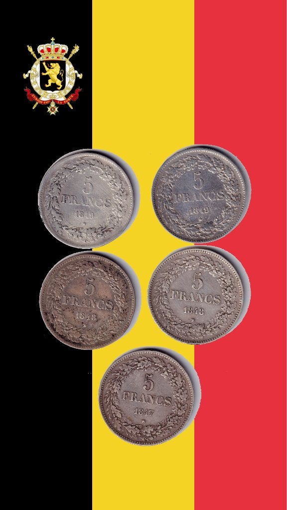 ZELDZAAM: 5 frank 1847 => 1849 (complete serie!) - Leo I, Postzegels en Munten, Munten | België, Setje, Zilver, Zilver, Verzenden