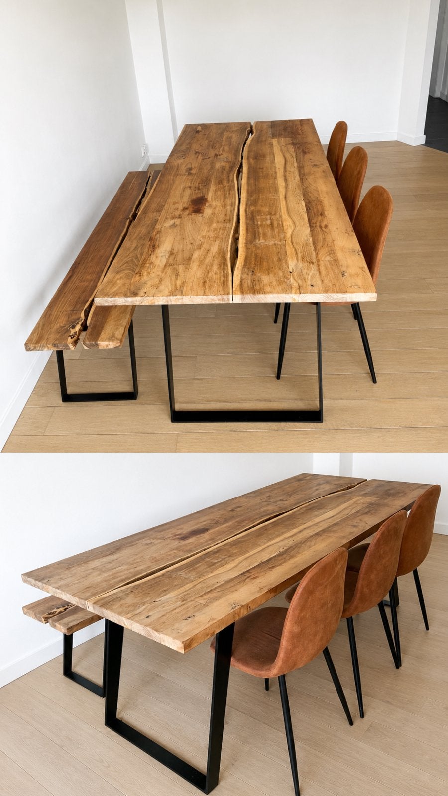 Eettafel in massief hout, inclusief bank en 3 cognac stoelen, Ophalen, Zo goed als nieuw