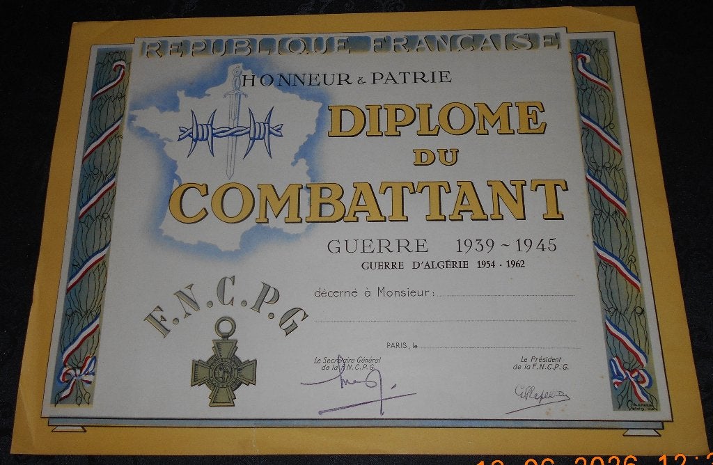 DIPLOMA VAN DE STRIJDENDE OORLOG 1939-1945 ALGERIJNSE OORLOG, Verzamelen, Ophalen of Verzenden, Landmacht, Overige typen