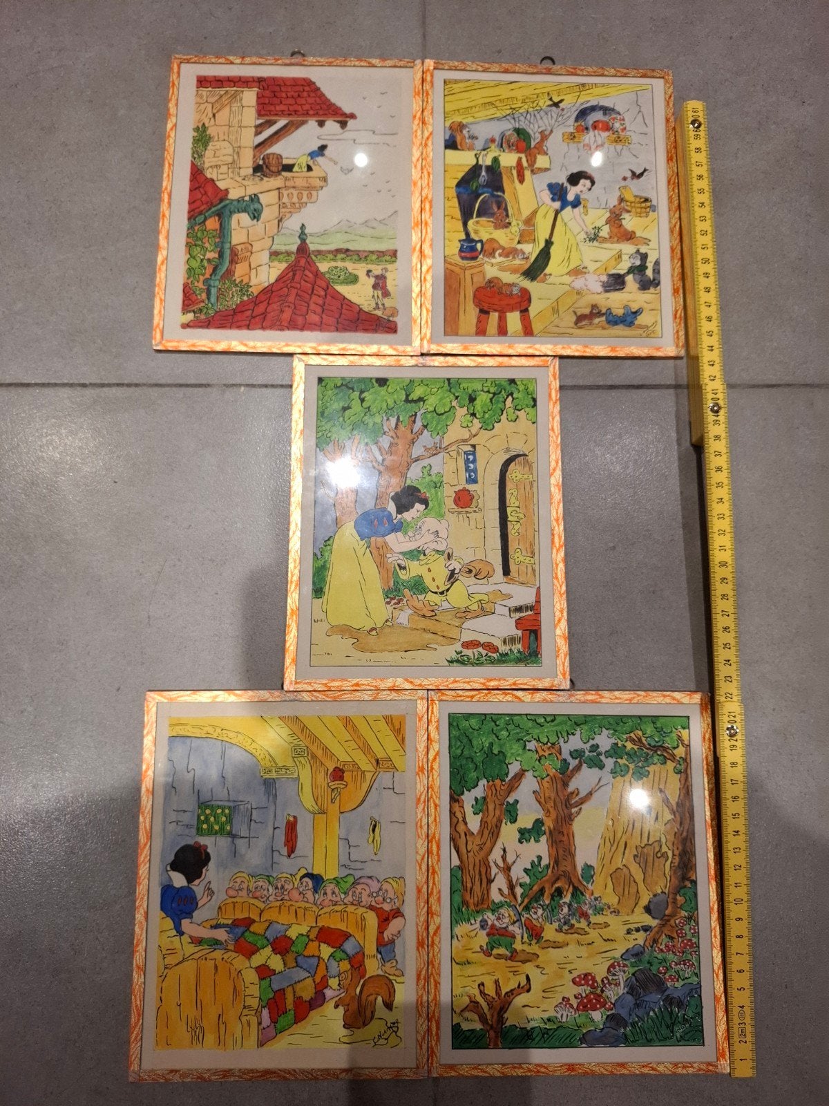 Rare Série de 5 Tableaux Vintage Blanche-Neige - Walt Disney, Collections, Enlèvement ou Envoi, Blanche-Neige ou Belle au Bois Dormant