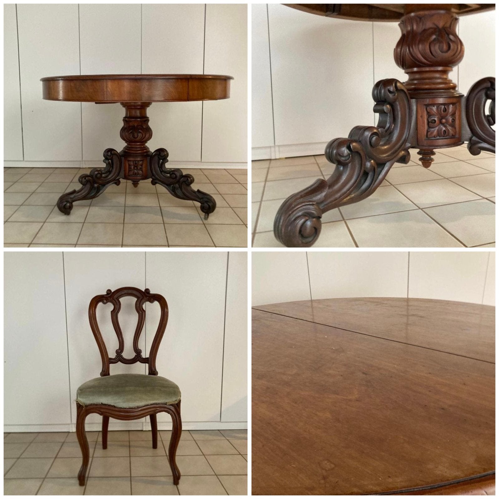 Uitschuifbare ronde tafel en 6 stoelen, Antiek en Kunst, Ophalen