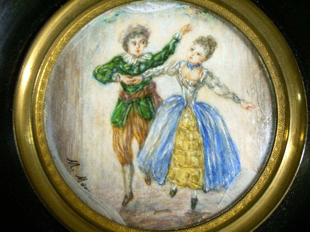 Antieke miniatuur tekening Les Danseurs., Ophalen of Verzenden