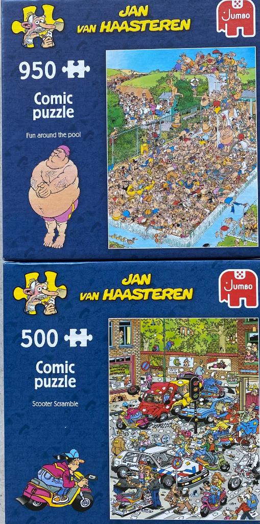 2 Comische puzzles Jan van Haasteren, Ophalen of Verzenden, 500 t/m 1500 stukjes, Zo goed als nieuw, Legpuzzel