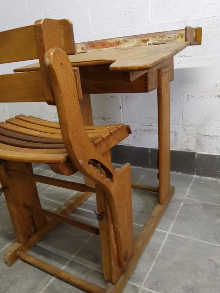 Vintage schoolbankje, verstelbaar met opbergruimte - retro, Huis en Inrichting, Ophalen, 90 cm, Gebruikt, Hout
