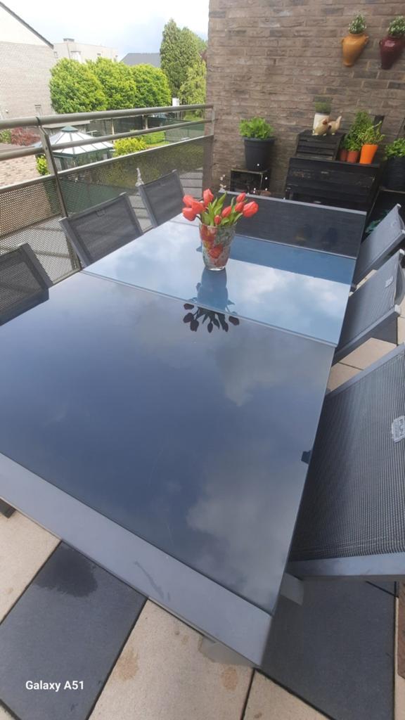 Glazen terrastafel en stoelen . Kleur grijs, Tuin en Terras, Ophalen