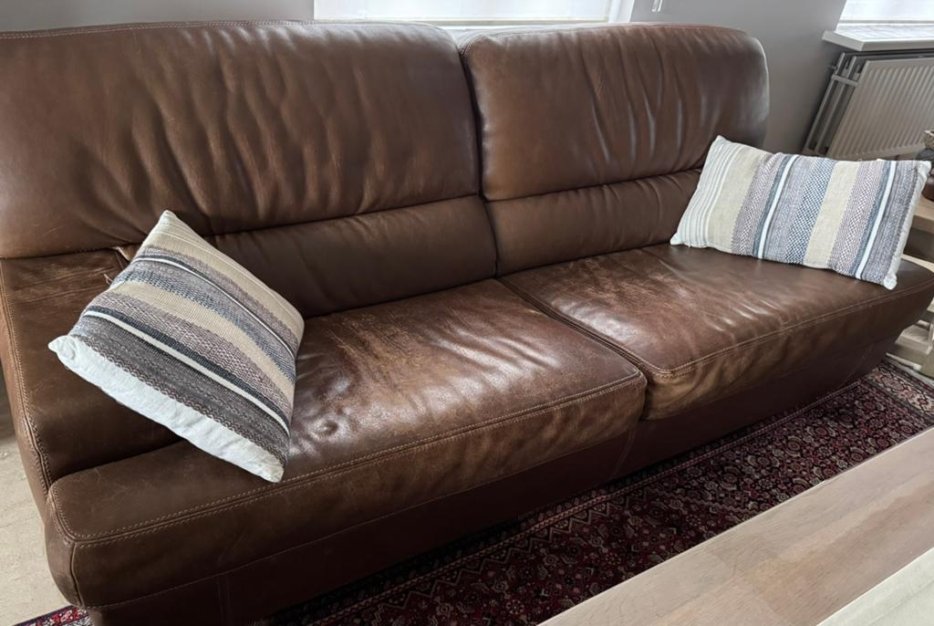 3 en 2zit cognac kleurig lederen salon, Huis en Inrichting, Ophalen, Gebruikt, Rechte bank