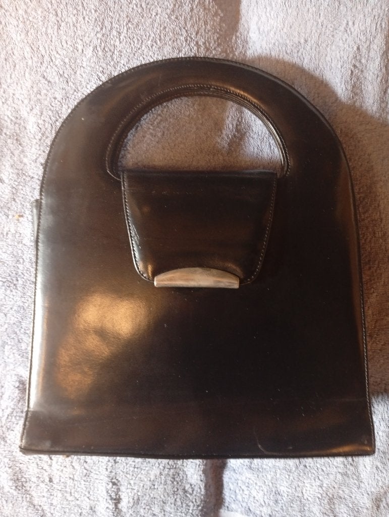 Vintage stevige zwarte leren handtas - GEMAAKT IN ITALIË -, Handtassen en Accessoires, Tassen | Damestassen, Handtas, Zwart, Ophalen