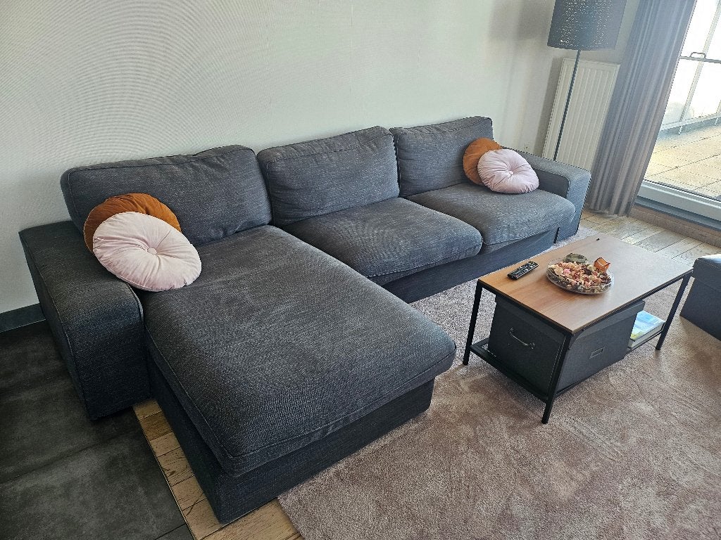 Blauwe 4-zit zetel met chaise longue, Ophalen, Gebruikt, 300 cm of meer, 75 tot 100 cm