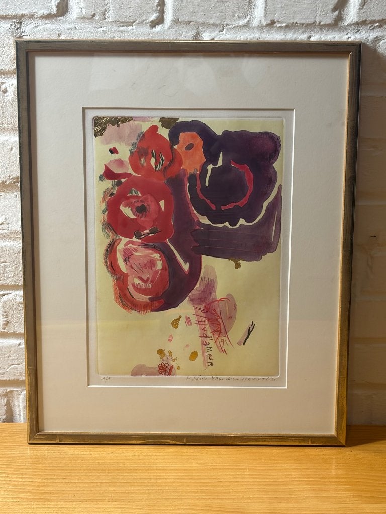 Unieke Monoprint "Vive l'amour" (1 Hélène Van den Heuvel '91, Antiquités & Art, Daté, Enlèvement ou Envoi, Fleurs, Technique mixte