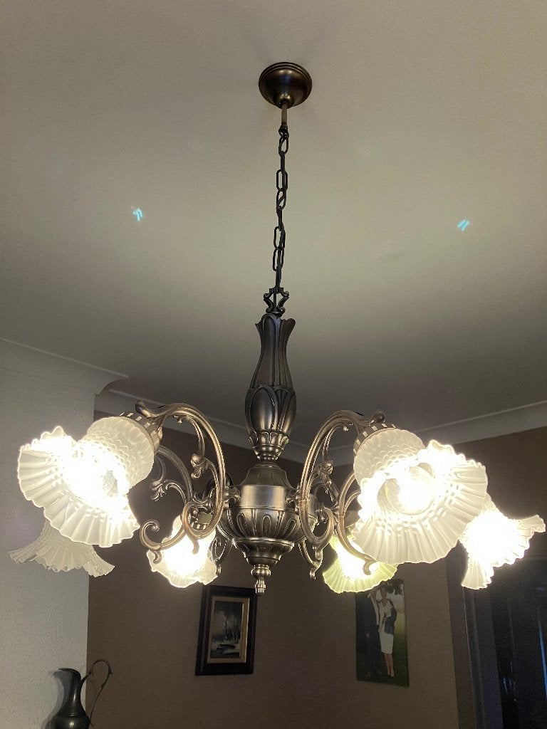 Luchter luster in tin, Huis en Inrichting, Lampen | Kroonluchters, Ophalen, Gebruikt