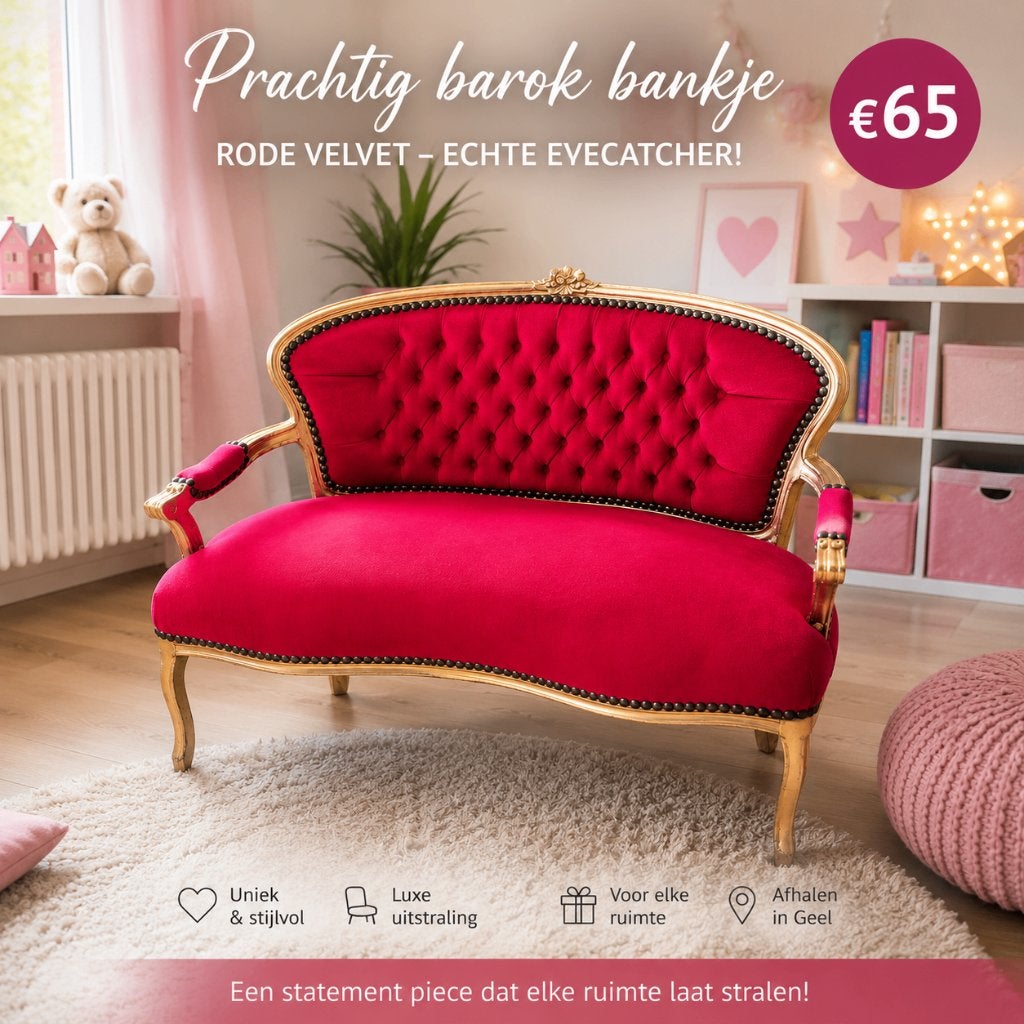 Prachtig rood barok bankje – velvet – unieke eyecatcher, Enlèvement