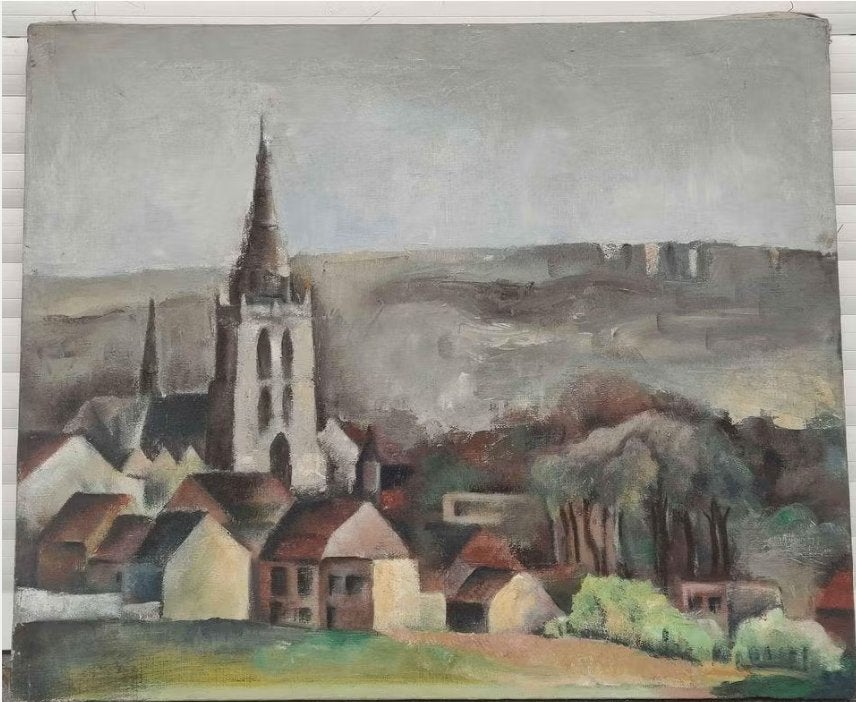 Huile sur toile village signe, Antiquités & Art, Enlèvement ou Envoi, Toile