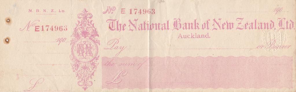 CHÈQUE DE LA BANQUE NATIONALE DE NOUVELLE-ZÉLANDE 1900-1909, Enlèvement, Comme neuf