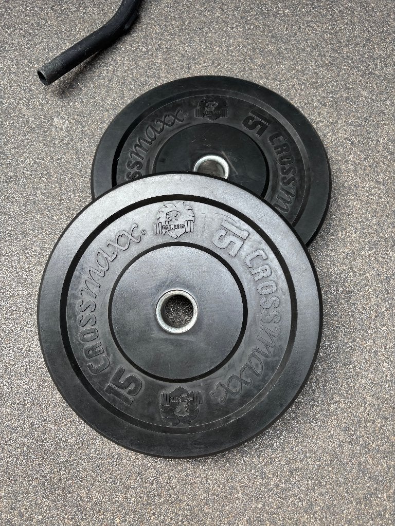2x Crossmaxx Bumper Plate 15 kg – 50 mm – Zwart, Ophalen, Gebruikt, Benen, Halterschijven