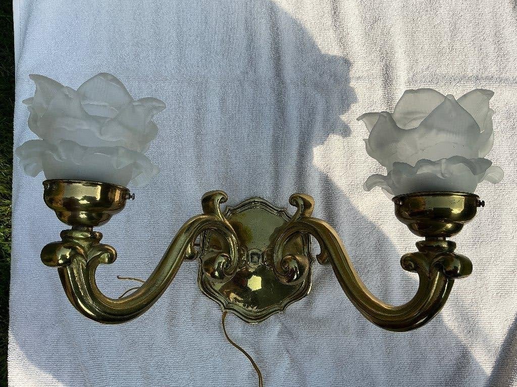 grote zware Antieke bronzen wandlampen 2 stuks, Ophalen of Verzenden, Zo goed als nieuw, Glas