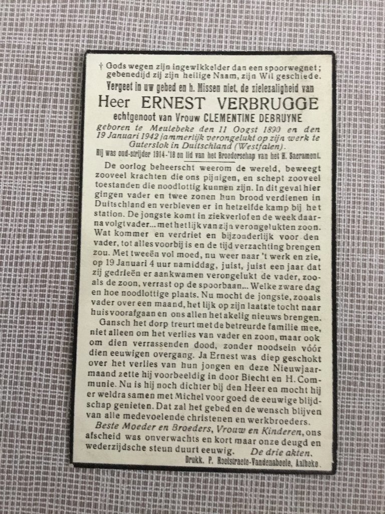 Victime de guerre E.Verbrugge Meulebeke +Allemagne 1942, Envoi, Image pieuse