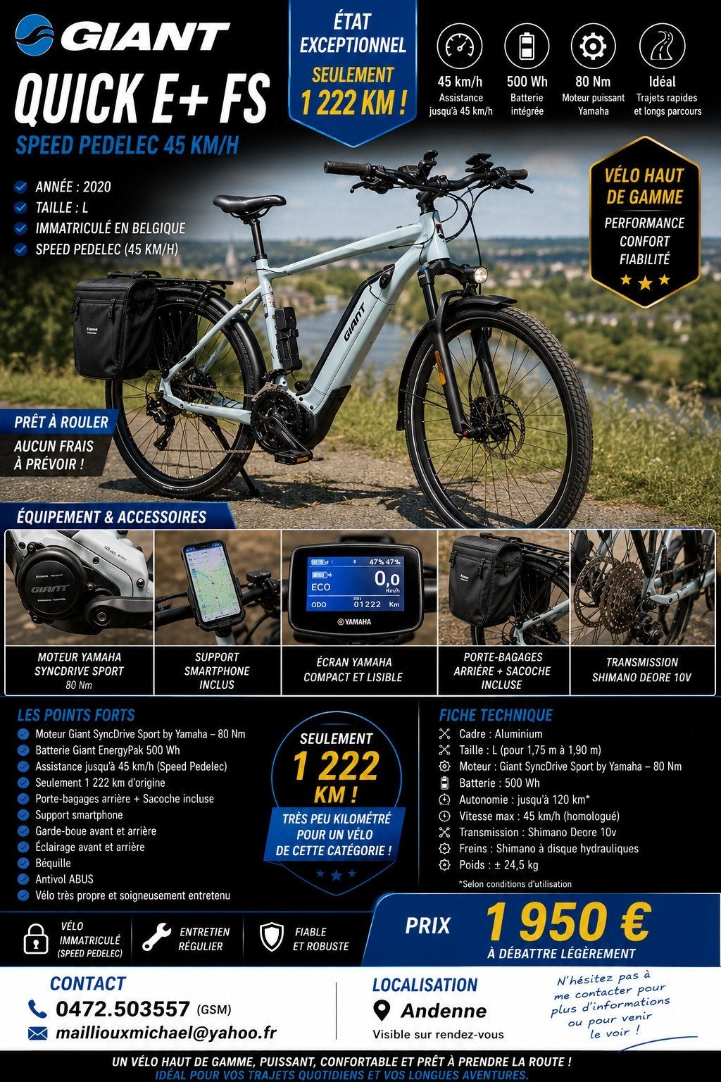 GIANT QUICK E+ FS SPEED PEDELEC 45 km/h –1.200 km, Ophalen, Giant