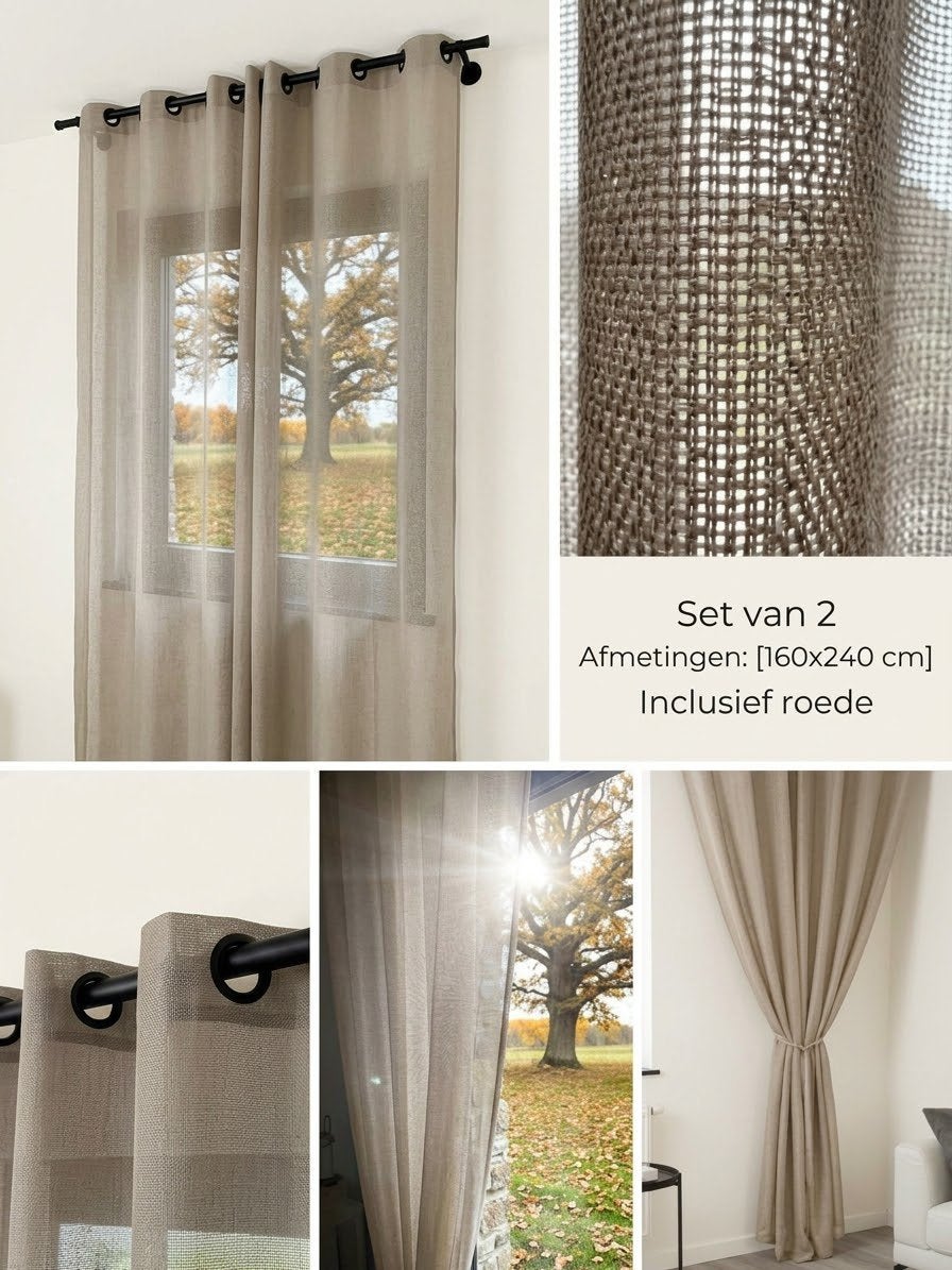 Set van 2 beige/zandkleurige gordijnen met ringen (160x240), Ophalen, Met ringen, Beige, Zo goed als nieuw