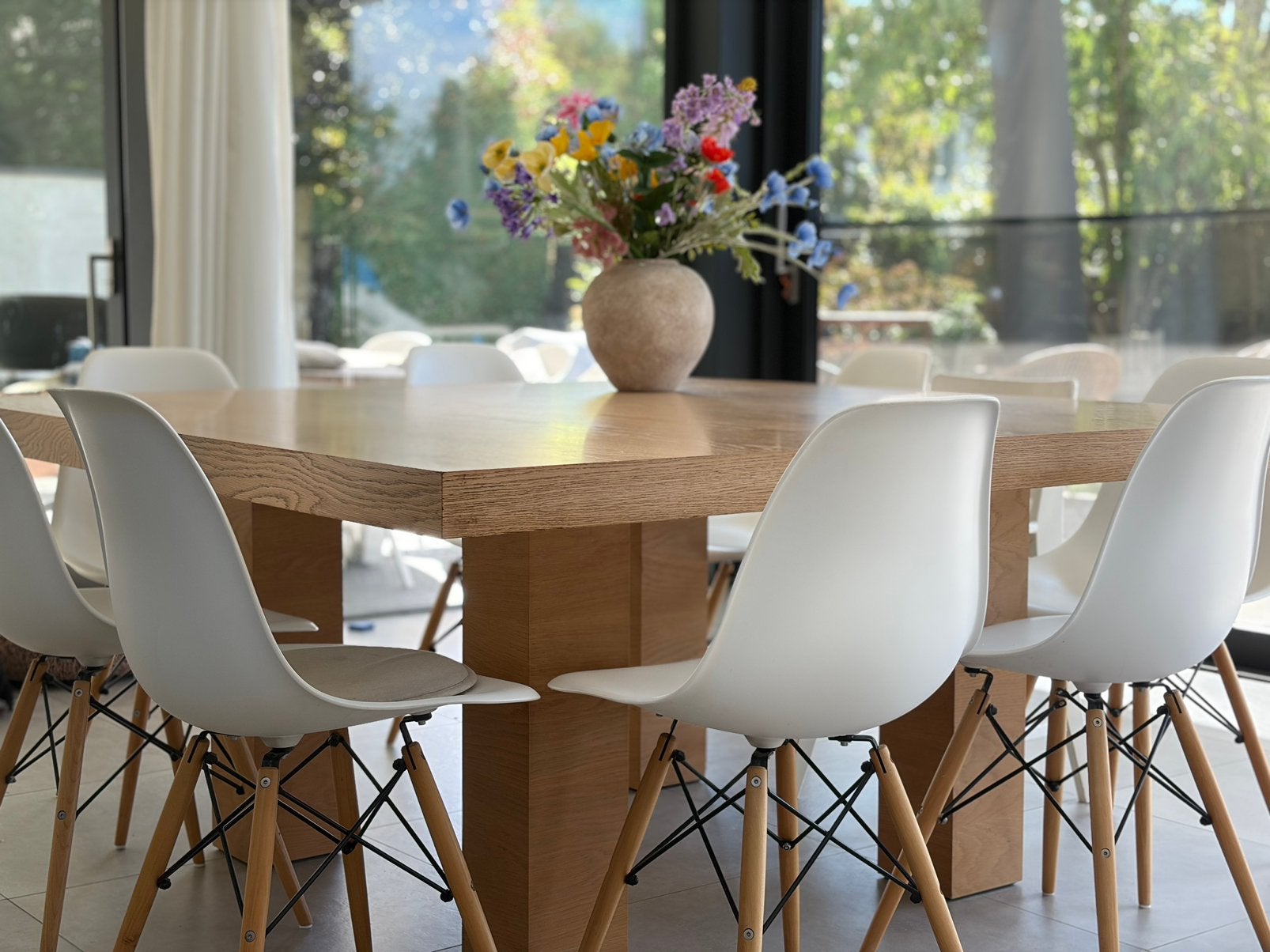 Moderne licht eiken fineer tafel 160x160, scandinavisch, Huis en Inrichting, Ophalen, 150 tot 200 cm, Vierkant, Vijf personen of meer