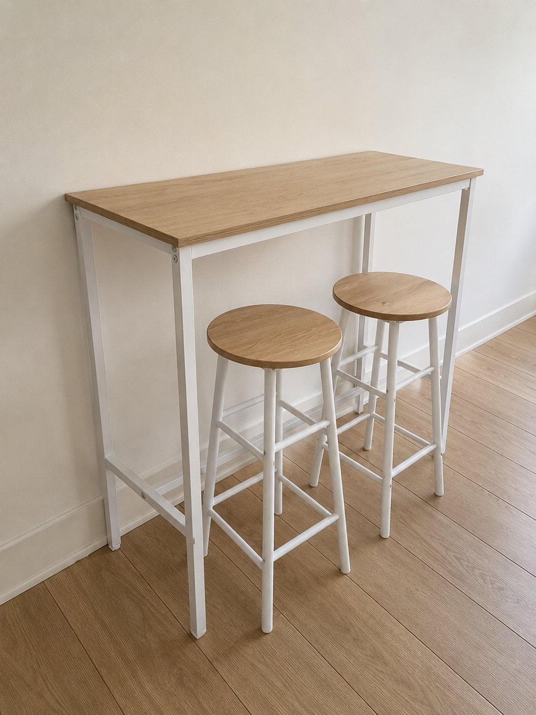 Bartafel met 2 barkrukken – wit/hout – goede staat, Ophalen, Zo goed als nieuw