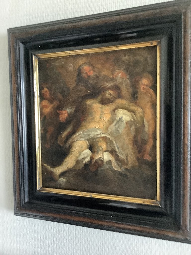 Antiek schilderijtje, Portrait ou Personnes, Peinture à l'huile, Panneau, Enlèvement