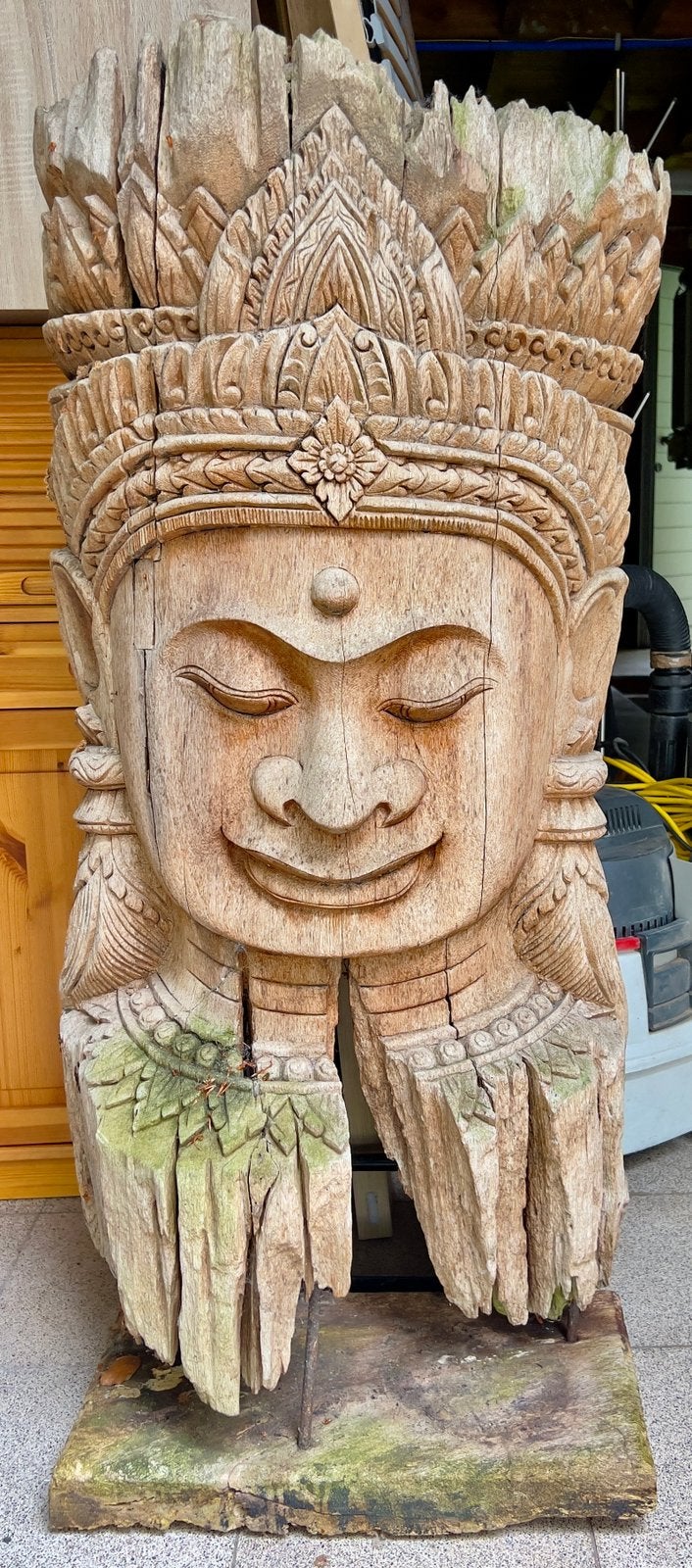 Buste khmer/Lanna en bois de teck sculpté à la main-120x60cm, Jardin & Terrasse, Statues de jardin, Comme neuf, Bois, Enlèvement
