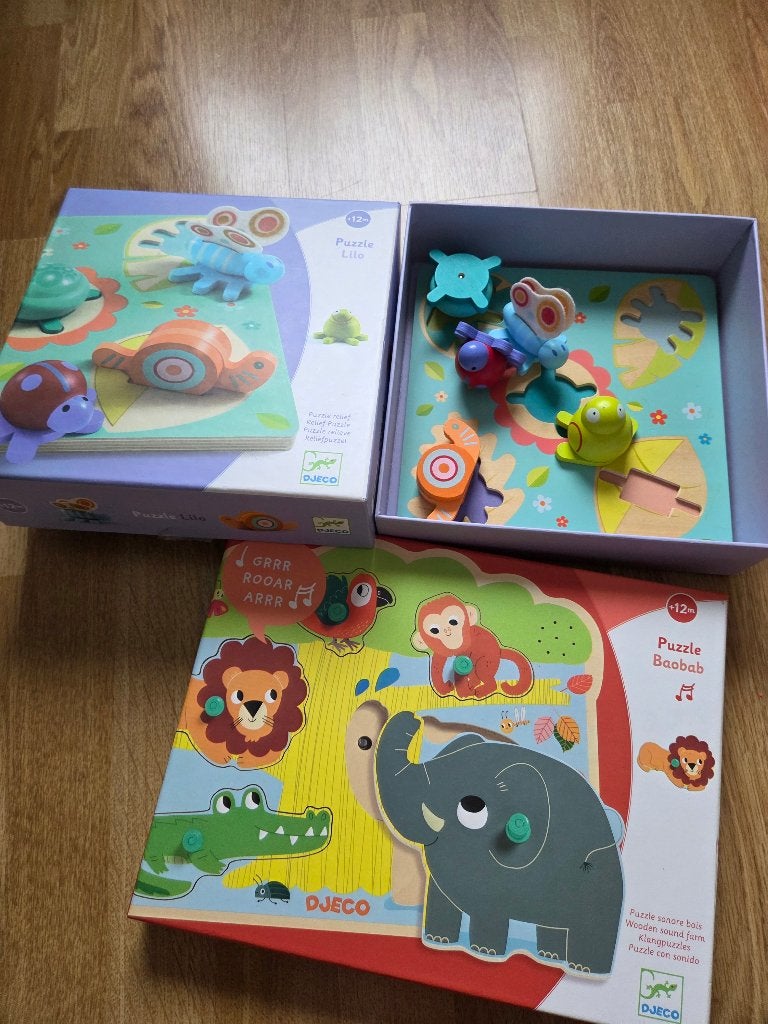 Lot de 2 jeux en bois DJECO( jeu sonore et encastrement), Enlèvement, Comme neuf, Sonore
