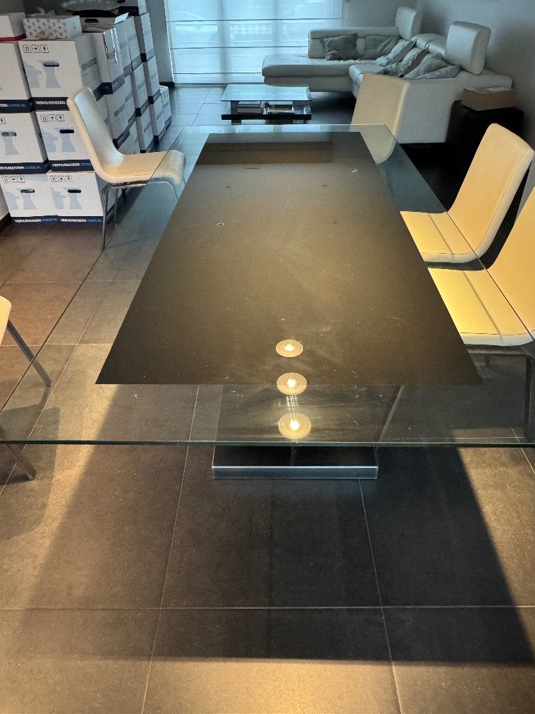 Design glazen tafel, Huis en Inrichting, Ophalen, Gebruikt, 100 tot 150 cm, 200 cm of meer