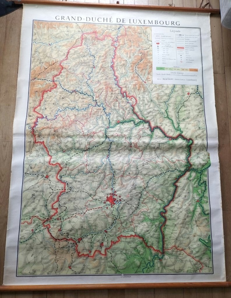 Grande carte murale scolaire du Grand-Duché de Luxembourg, Enlèvement, 1960 à 1980, Utilisé, Autres sujets/thèmes