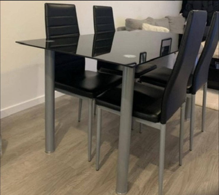 Table à manger en verre + 4 chaises, Ophalen, 100 tot 150 cm, 50 tot 100 cm, Vier personen