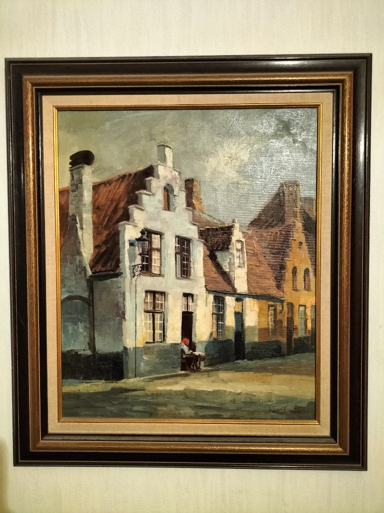 Olieverfschilderij op doek authentiek stadsgezicht Brugge, Antiek en Kunst, Kunst | Schilderijen | Klassiek, Ophalen