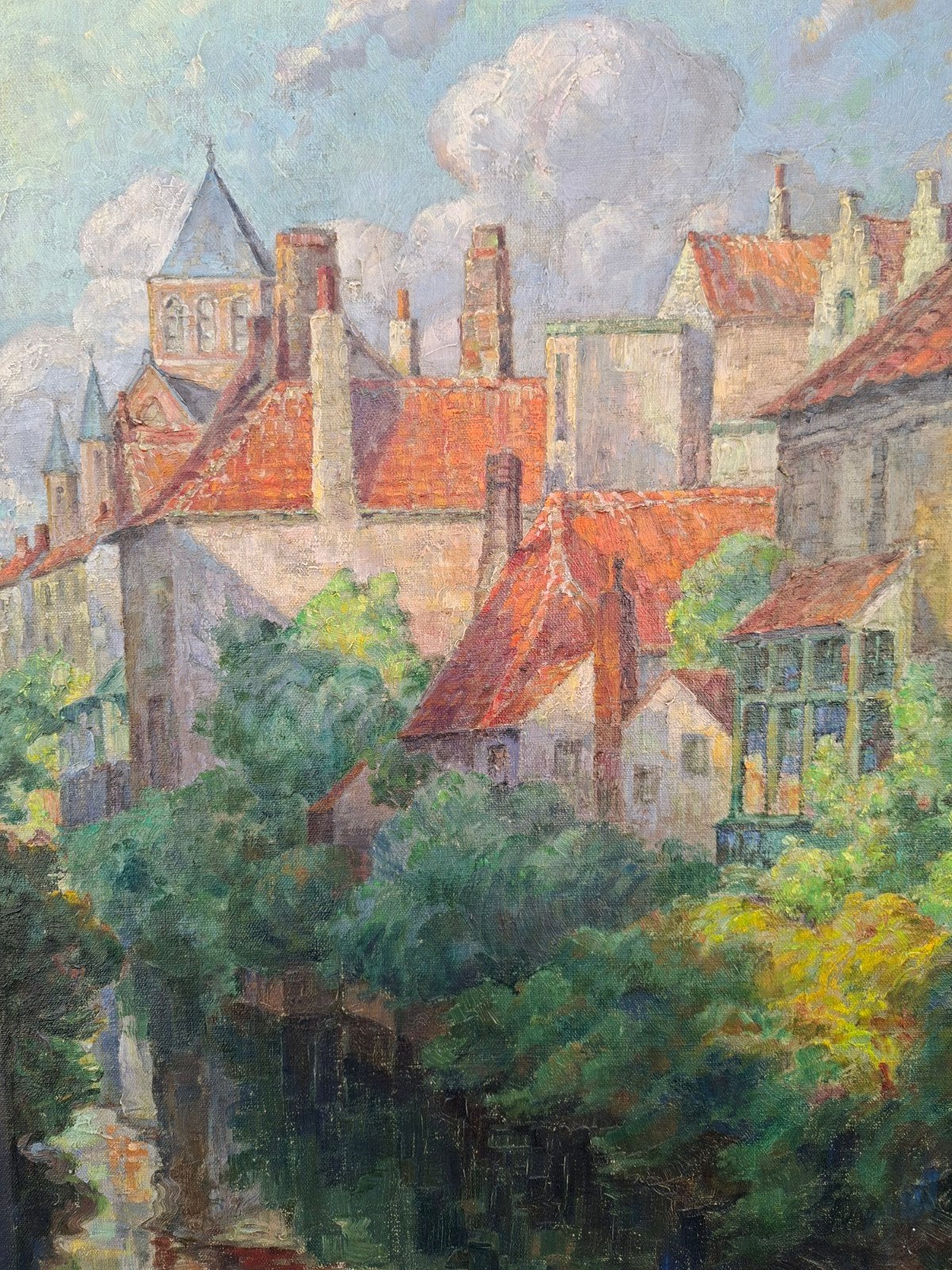 DE GEEST Arthur "Zonnig zicht te Brugge " olie op doek, Peinture à l'huile, Enlèvement, Paysage urbain / rural, Impressionniste